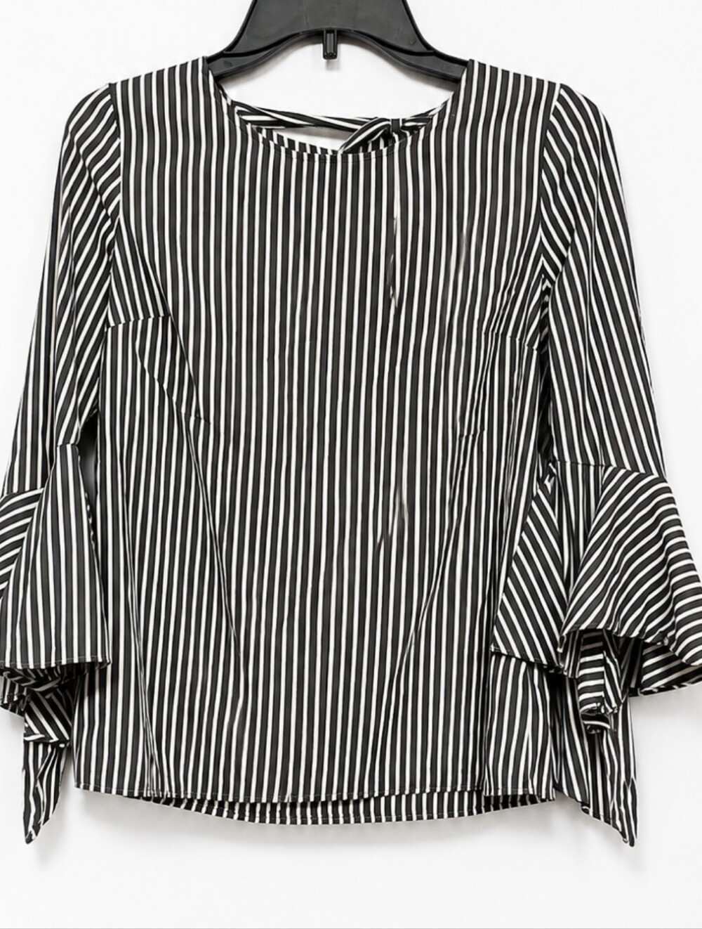 by & by Women's Sz XS Black and White Striped Bell-Sleeve Blouse With A Tie Back